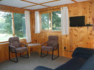 Cabin 5 East side/Living Room.  Hide-a-bed couch.  High Definition Cable TV with DVD player.